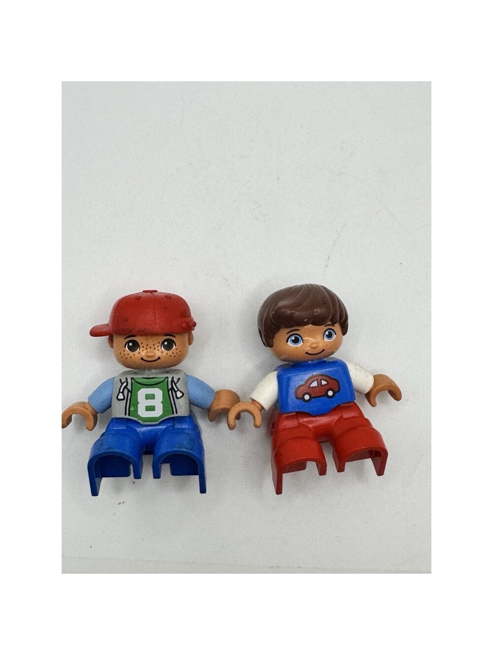 LEGO Duplo Boy Figures Lot of 2 Red Baseball Cap Car Shirt Number 8 Jersey